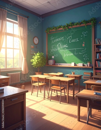 Empty sunlit classroom with chalkboard