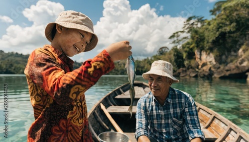 Joyful Boy Displays Small Fish Caught While Boating with Elder in Tropical Waters Under Sunny Skies