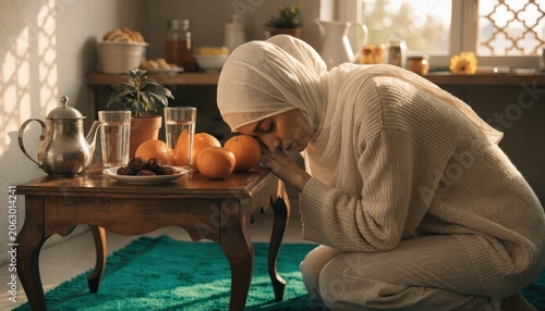 Serene Muslim Woman in Hijab Bows Head in Prayer and Contemplation Over Table with Dates and Oranges