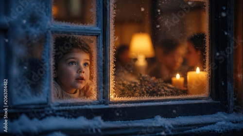 Young child with wide eyes gazes out a frosted window at a warm, inviting indoor scene with candles and a lamp, evoking wonder and anticipation.