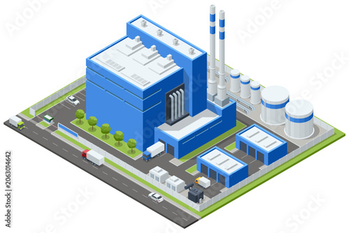 Isometric industrial plant complex with factory building, storage tank, road and truck in a fenced zone. Modern energy infrastructure illustration shows heavy industry, utility service and production