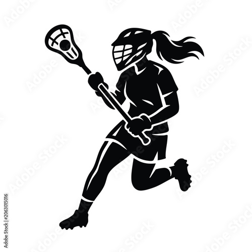 Female lacrosse player running with stick. Black and white vector illustration of lacrosse athlete in action. Team sports and athletic competition icon isolated on transparent background