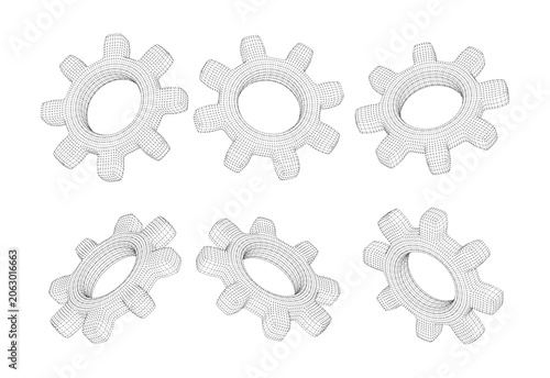3D Digital Wireframe Cogwheel Set Featuring Six Unique Perspective Views of Mechanical Gears Representing Industrial Automation and Precision Engineering Systems in Monochrome White Mesh Graphic