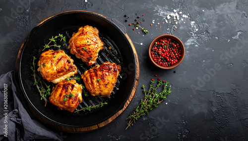 Grilled chicken thighs in a cast iron skillet with herbs, spices, dinner menu, roasted meat, gourmet food, rustic kitchen