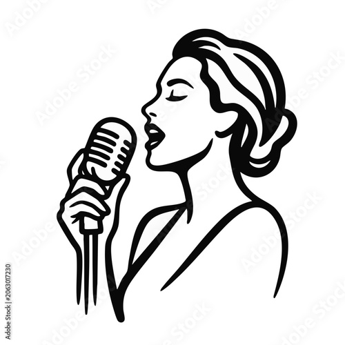 Female singer with retro microphone line art. Minimalist vocalist vector illustration isolated on transparent background