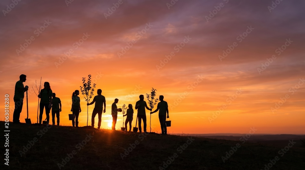 Fototapeta premium Team planting trees, silhouette at sunset