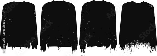 Black grunge sweater silhouettes distressed torn pullover patterns isolated on white background