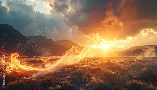 Fiery abstract energy trail sweeping across a sunset desert landscape with mountains