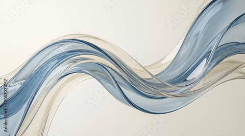 Abstract flowing glass wave background with metallic silver and blue ribbons