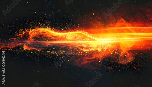 Fiery orange particles and light streaks motion trail on dark background, energy flow, dynamic explosion effect, glowing sparks, abstract speed movement