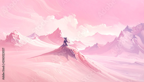 pixel art landscape of pink desert with solitary silhouette traveler, retro game aesthetic, dreamy mountain horizon, synthwave vibes