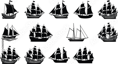 Quadro su tela Collection of vintage sailing ship silhouettes and old pirate galleon icons isol