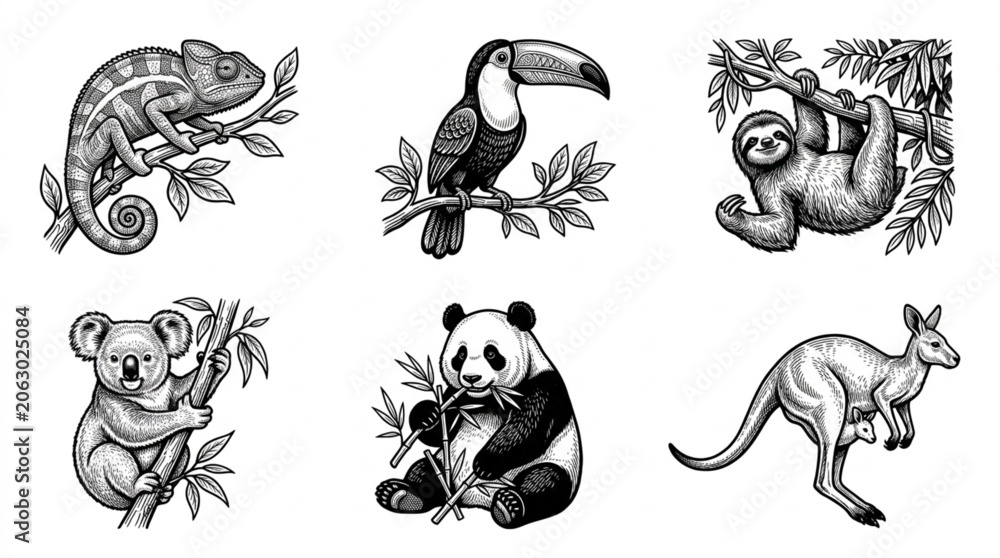 Fototapeta premium Collection of six different animal illustrations in vintage style.