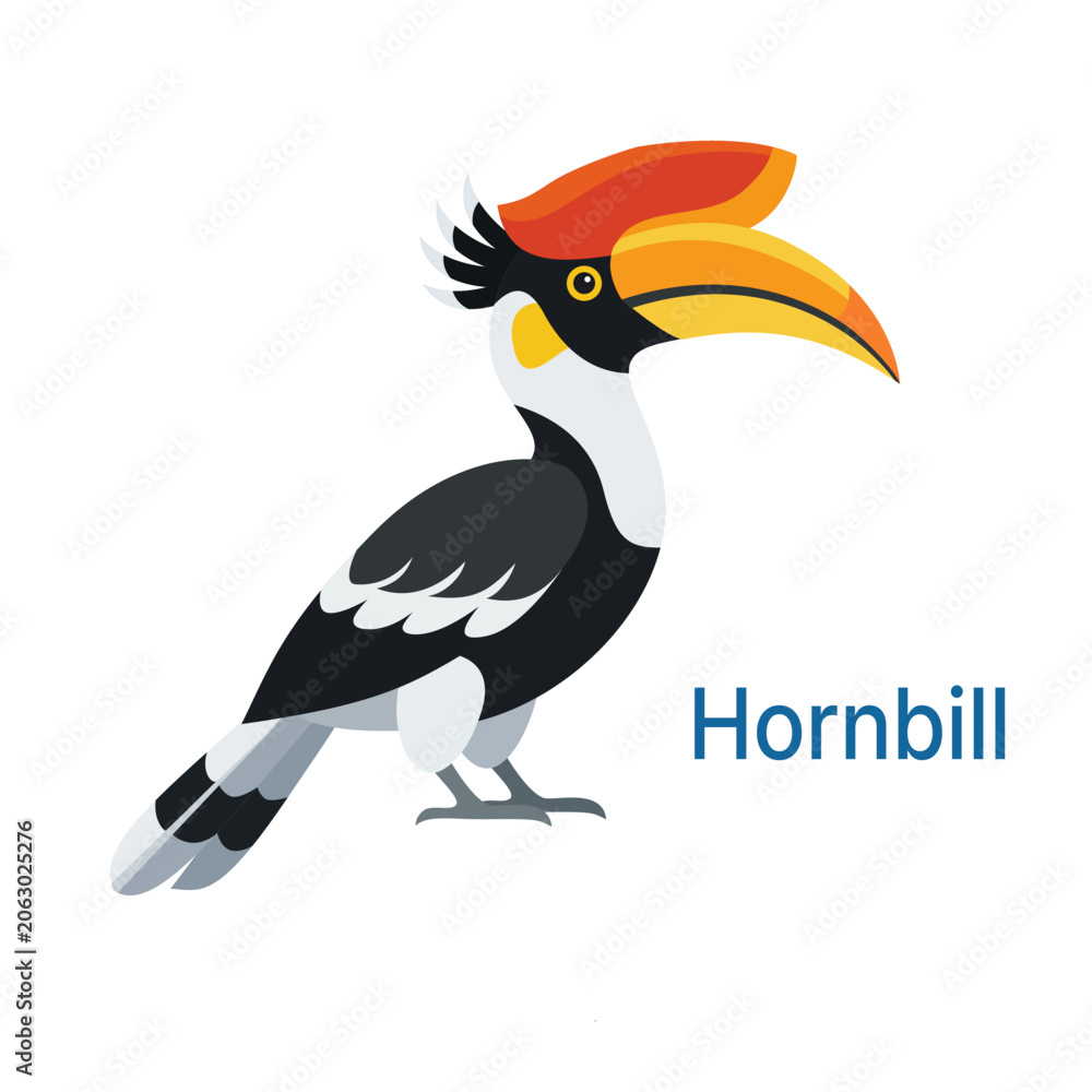 Fototapeta premium Isolated educational kids flashcard with a cute hornbill bird and text label. Flat vector exotic tropical bird illustration for learning English vocabulary on white background. EPS 10