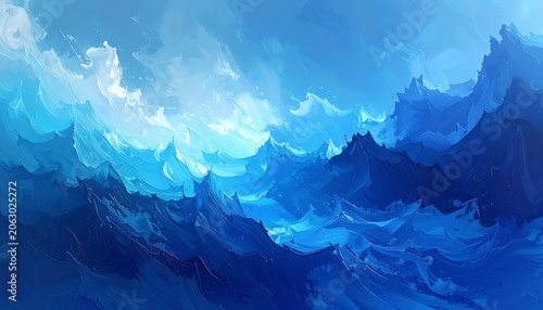 Pixel art sea storm, rolling blue ocean waves and turbulent dark water, digital retro landscape