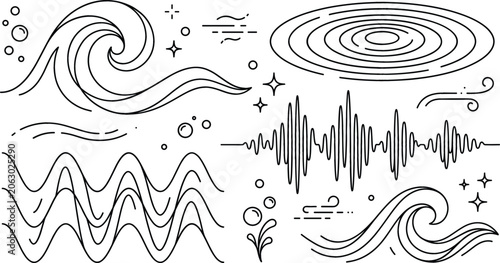 Canvastavla Wave line art icon set featuring ocean curls sound frequency concentric ripples