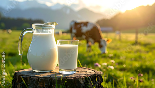 Fresh milk in glass pitcher and glass on wooden stump in lush meadow, grazing cow, dairy farm, organic nutrition, sunset pasture