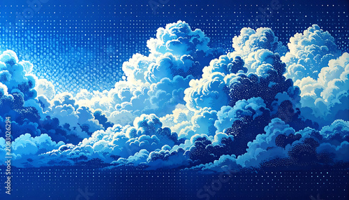 Pixel art style blue sky with fluffy cumulus clouds, retro digital video game aesthetic, nostalgic 8-bit atmosphere