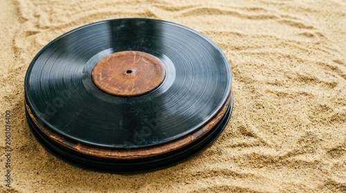 Vintage vinyl record on sandy beach surface.