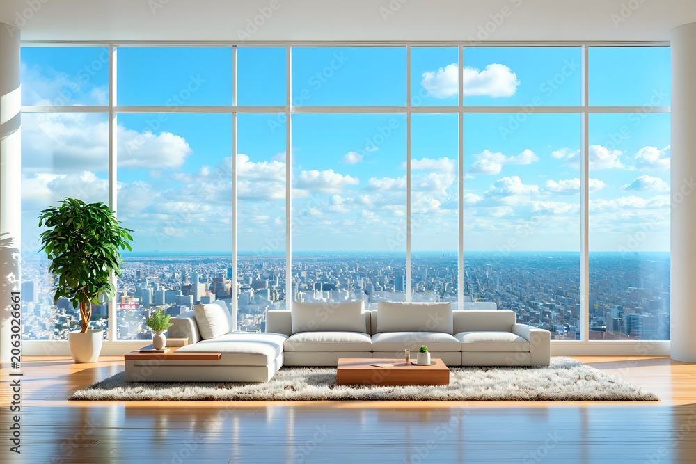 Fototapeta premium Modern living room with panoramic city view and large windows.