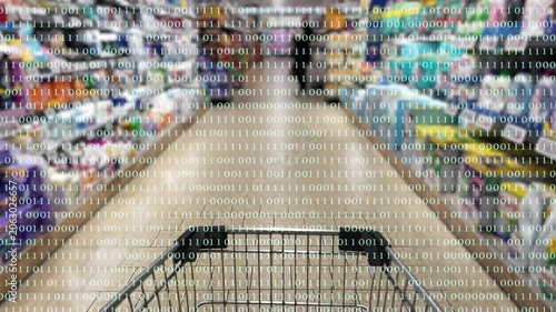 slow motion card in a blurred retail market with binary code overlay animation, concept for online shopping, e-commerce, surveillance and tokenization