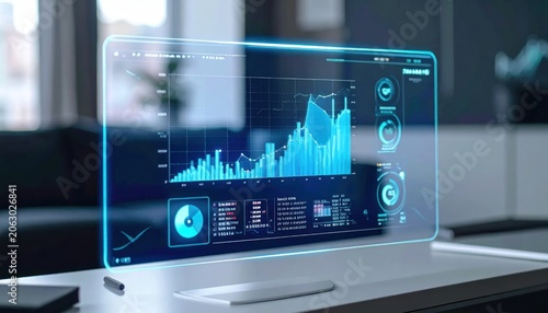 Futuristic Blue Data Analytics Dashboard Glowing on Transparent Office Computer Display