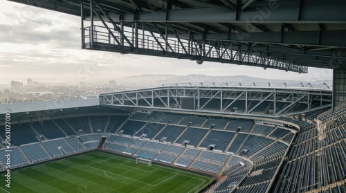 Empty Modern Football Stadium Interior with Green Field.