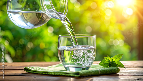 Fresh water pouring from pitcher into glass on wooden table with green nature background