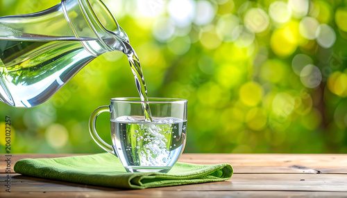 Fresh water pouring from a glass pitcher into a cup on a wooden table, green nature background, hydration and healthy living theme