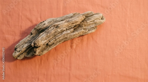 Closeup of weathered driftwood piece on wooden surface.