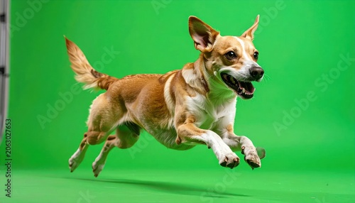 Energetic Brown and White Dog Leaping Across Green Studio Background