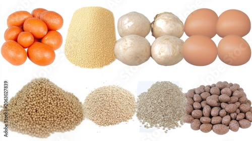 Collection of Raw Food Ingredients Arranged in Rows.