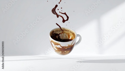 Floating White Coffee Cup with Splashing Espresso on Minimal White Background
