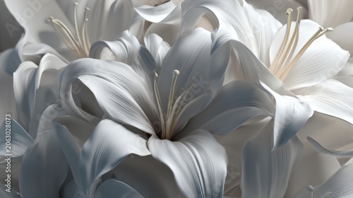 White lily flowers composition with gently folded petals. 3d rendering peaceful elegant botanical background.
