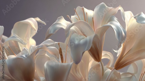 White lily flowers composition with gently folded petals. 3d rendering peaceful elegant botanical background.
