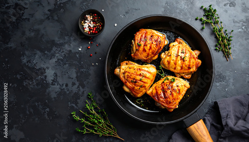 Glazed chicken thighs in cast iron skillet with fresh herbs and spices on dark stone