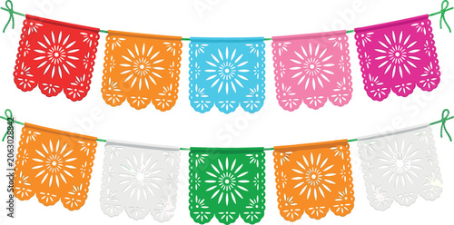Mexican Papel Picado Garland Vector Illustration Featuring Colorful Decorative Cutout Banners for Fiesta Parties, Cinco de Mayo, and Day of the Dead Celebrations