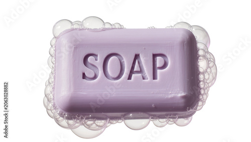 Fotografie Purple bar of soap with the word SOAP embossed and surrounded by bubbles