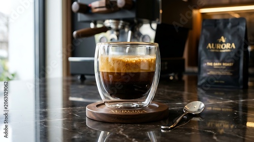 Espresso shot in clear glass cup with crema on wooden table morning light