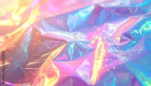 Iridescent holographic wrinkled foil texture with shimmering light reflections, vibrant gradient colors for futuristic digital background