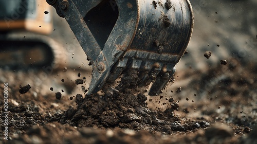 A close-up of an excavator’s bucket scooping dirt from the ground