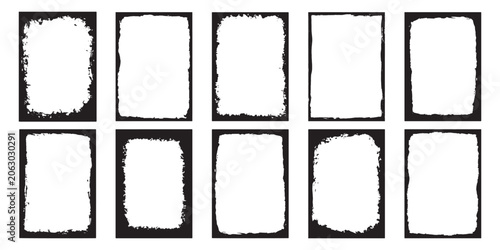 Collection of rectangular grunge photo frames with distressed edges and rough borders, isolated on white background, vector illustration.