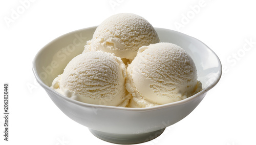 Foto Three scoops of vanilla ice cream in a white bowl