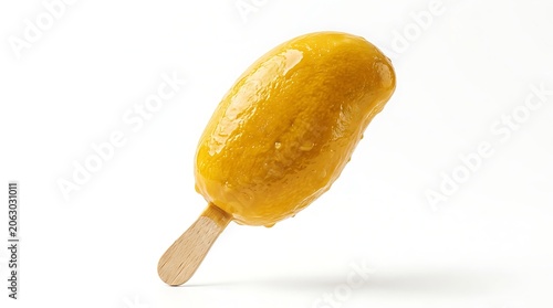 Close-up of golden mango ice cream bar on stick isolated on white background