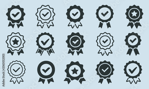 Collection of Black and White Award Badges and Ribbons with Checkmarks in Flat Design Style