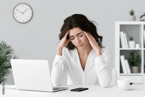 Woman sitting at desk feeling stress while using laptop in office environment with clock showing time on wall