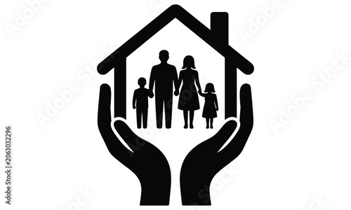 Minimalist black silhouette icon featuring hands holding a house shape protecting a happy family representing safety insurance and home security