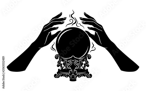 Quadro su tela Silhouette of a psychic fortune teller hands hovering over a magical crystal bal