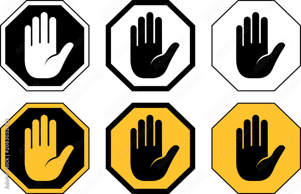 Fototapeta premium Set of stop hand signs in octagon frames