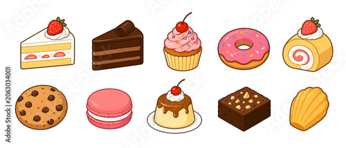 Assorted sweet dessert icons including cakes cookies and pastries